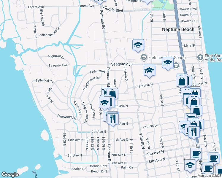 map of restaurants, bars, coffee shops, grocery stores, and more near 1815 Penman Rd in Jacksonville Beach