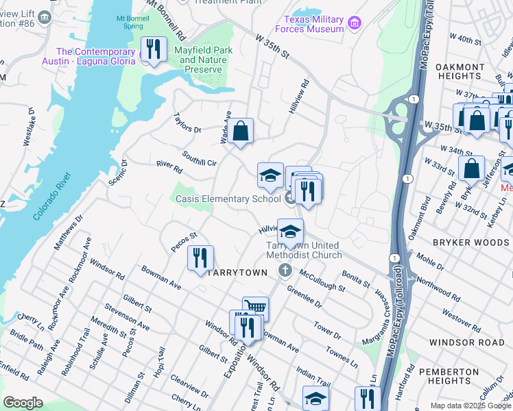 map of restaurants, bars, coffee shops, grocery stores, and more near 2611 Maria Anna Road in Austin