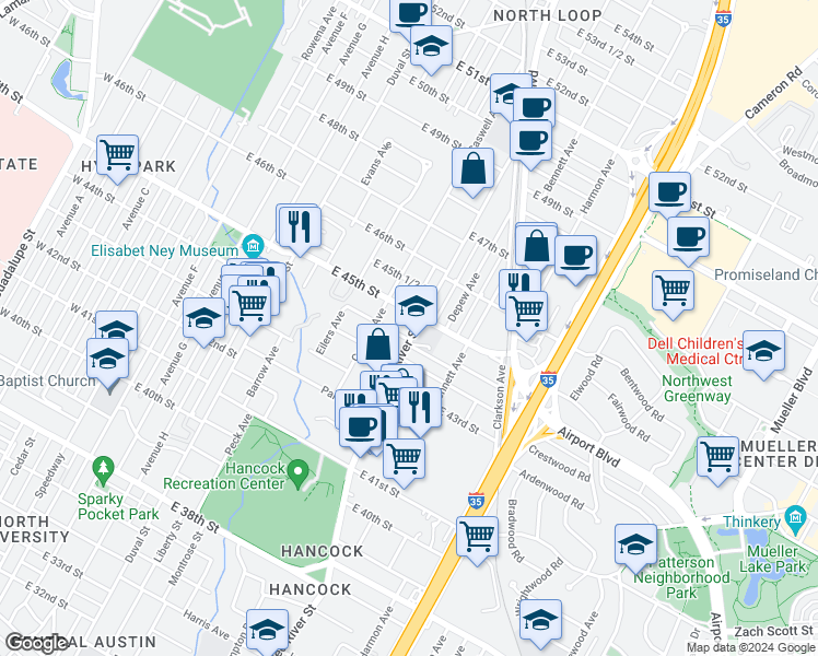 map of restaurants, bars, coffee shops, grocery stores, and more near 4418 Red River Street in Austin