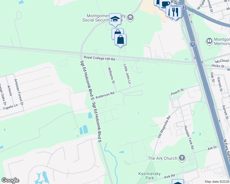 map of restaurants, bars, coffee shops, grocery stores, and more near 244 Williams Street in Conroe