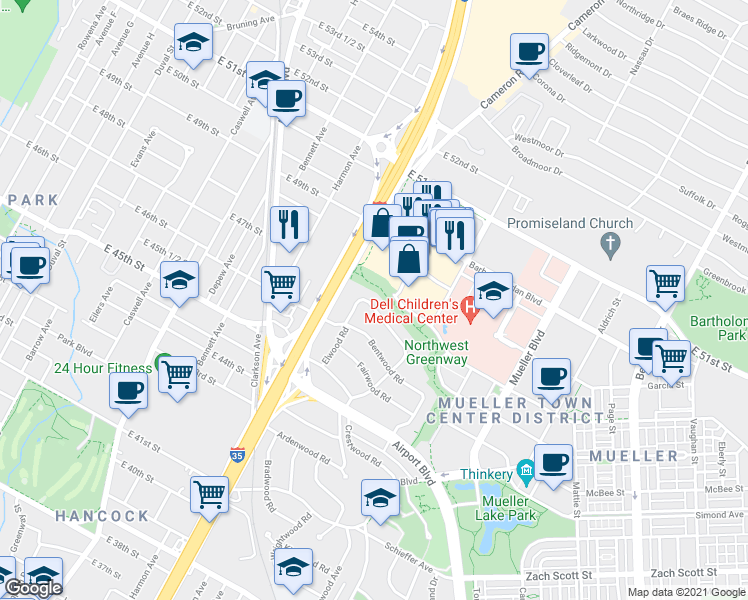 map of restaurants, bars, coffee shops, grocery stores, and more near 1204 Norwood Road in Austin