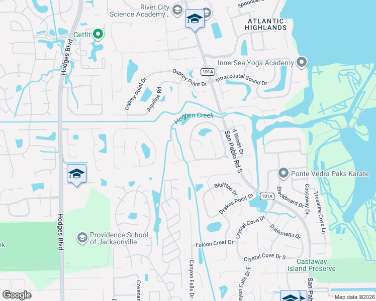 map of restaurants, bars, coffee shops, grocery stores, and more near 2326 Covington Creek Circle East in Jacksonville