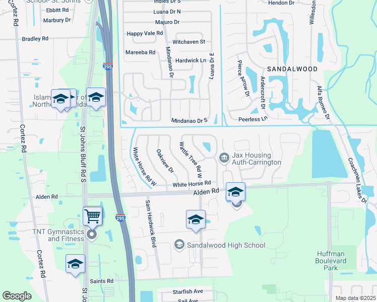 map of restaurants, bars, coffee shops, grocery stores, and more near 2450 Wattle Tree Road West in Jacksonville