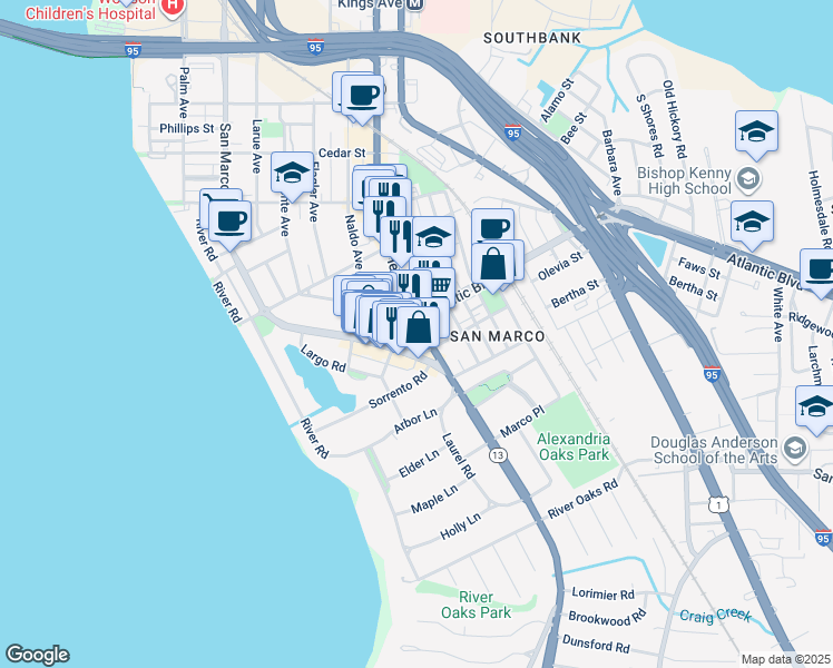 map of restaurants, bars, coffee shops, grocery stores, and more near 2031 Hendricks Avenue in Jacksonville