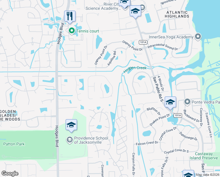 map of restaurants, bars, coffee shops, grocery stores, and more near 2340 Foxhaven Drive South in Jacksonville