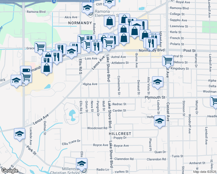 map of restaurants, bars, coffee shops, grocery stores, and more near 1154 Lake Shore Boulevard in Jacksonville