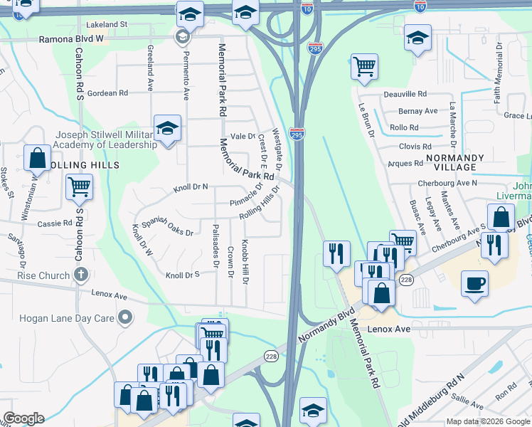 map of restaurants, bars, coffee shops, grocery stores, and more near 7549 Knoll Drive in Jacksonville