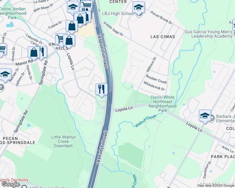 map of restaurants, bars, coffee shops, grocery stores, and more near 6571 Ed Bluestein Boulevard in Austin