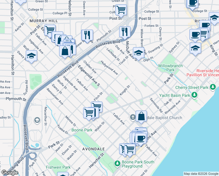 map of restaurants, bars, coffee shops, grocery stores, and more near 3454 Fitch Street in Jacksonville