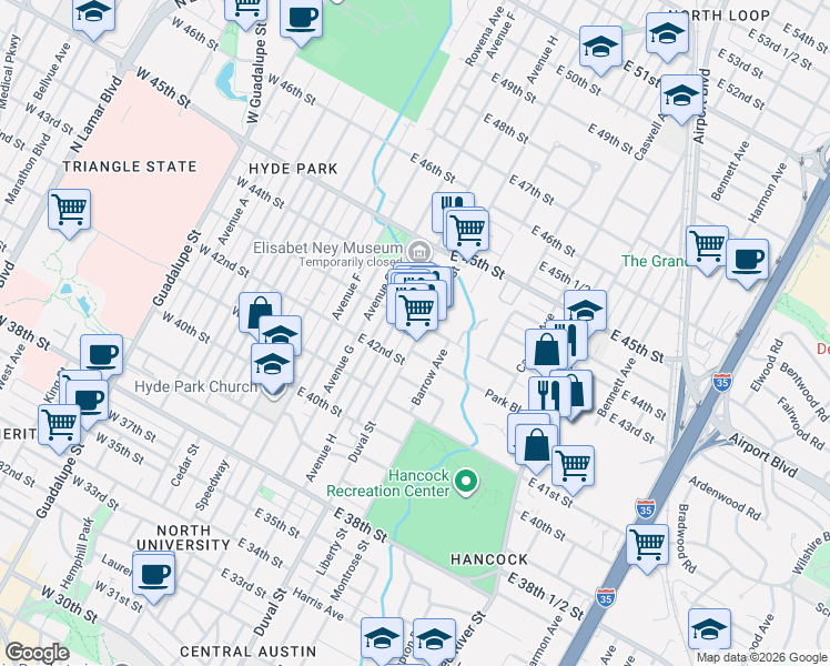 map of restaurants, bars, coffee shops, grocery stores, and more near 4224 1/2 Duval Street in Austin