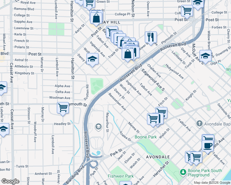 map of restaurants, bars, coffee shops, grocery stores, and more near 1233 Dancy Street in Jacksonville