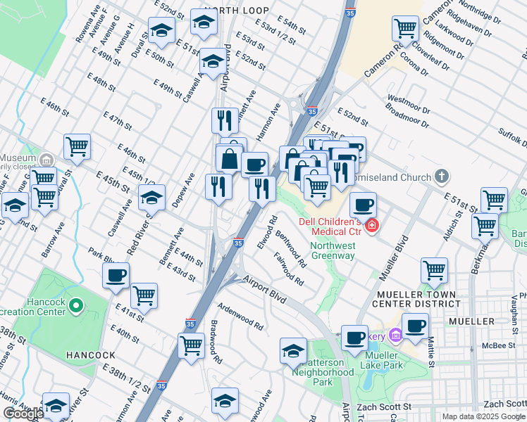 map of restaurants, bars, coffee shops, grocery stores, and more near 4609 North I- 35 Service Road in Austin