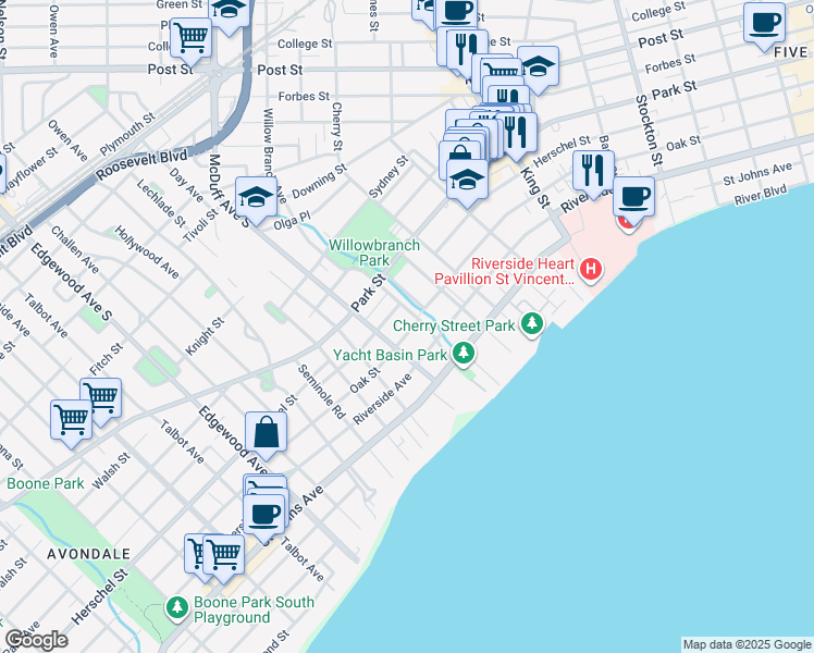 map of restaurants, bars, coffee shops, grocery stores, and more near 2961 Oak Street in Jacksonville