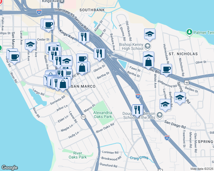 map of restaurants, bars, coffee shops, grocery stores, and more near 2325 Bethune Avenue in Jacksonville