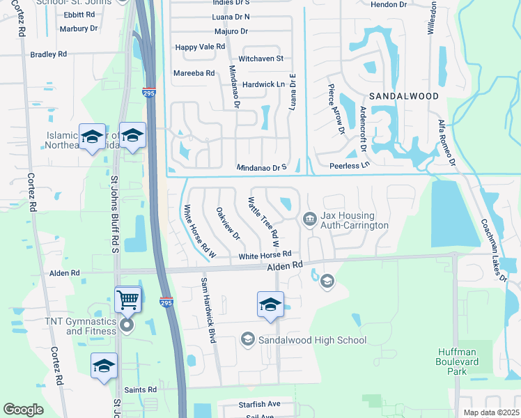 map of restaurants, bars, coffee shops, grocery stores, and more near 2450 Wattle Tree Road West in Jacksonville