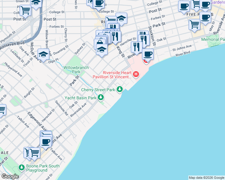 map of restaurants, bars, coffee shops, grocery stores, and more near 2842 Saint Johns Avenue in Jacksonville