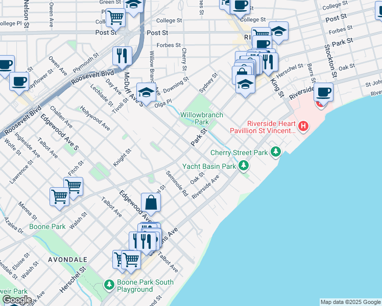 map of restaurants, bars, coffee shops, grocery stores, and more near 1429 Donald Street in Jacksonville