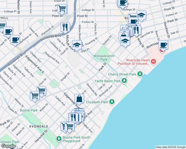 map of restaurants, bars, coffee shops, grocery stores, and more near 1429 Donald Street in Jacksonville