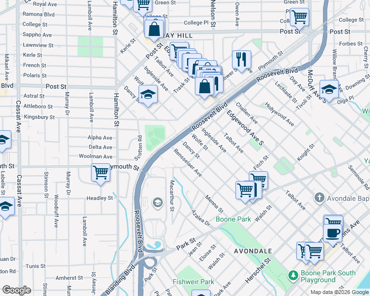 map of restaurants, bars, coffee shops, grocery stores, and more near 1233 Dancy Street in Jacksonville