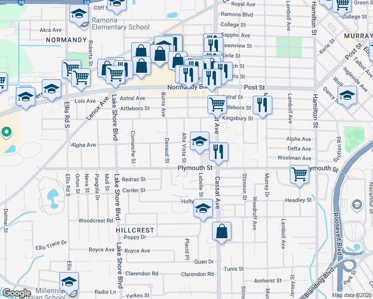 map of restaurants, bars, coffee shops, grocery stores, and more near 1156 Alta Vista Street in Jacksonville