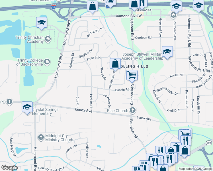 map of restaurants, bars, coffee shops, grocery stores, and more near 1083 Stokes Street in Jacksonville