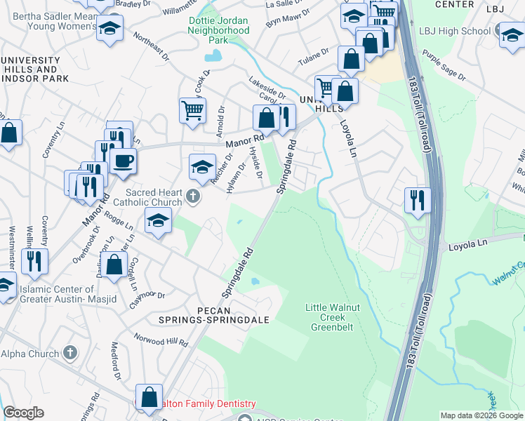 map of restaurants, bars, coffee shops, grocery stores, and more near 6020 Springdale Road in Austin