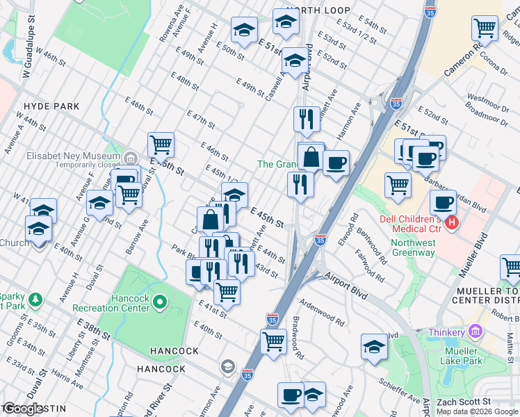 map of restaurants, bars, coffee shops, grocery stores, and more near in Austin