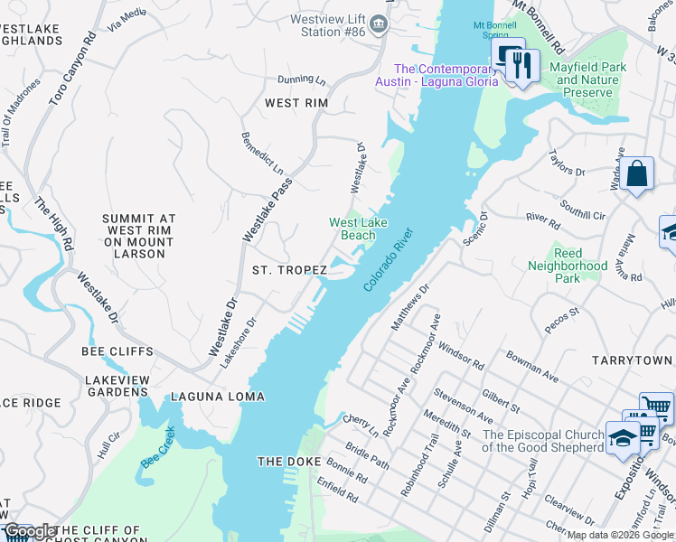 map of restaurants, bars, coffee shops, grocery stores, and more near 2419 Westlake Drive in Austin