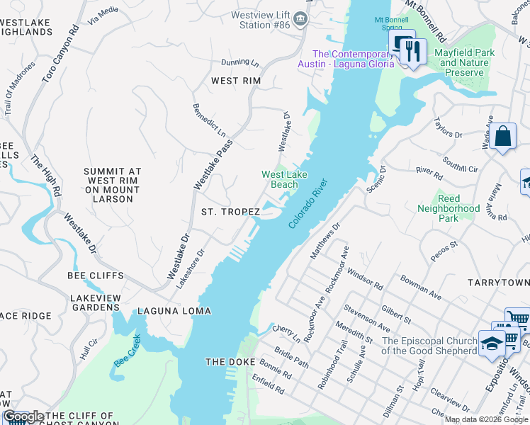 map of restaurants, bars, coffee shops, grocery stores, and more near 2419 Westlake Drive in Austin