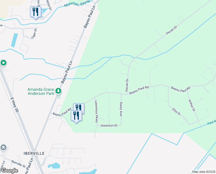 map of restaurants, bars, coffee shops, grocery stores, and more near 5775 Bayou Paul Road in Saint Gabriel