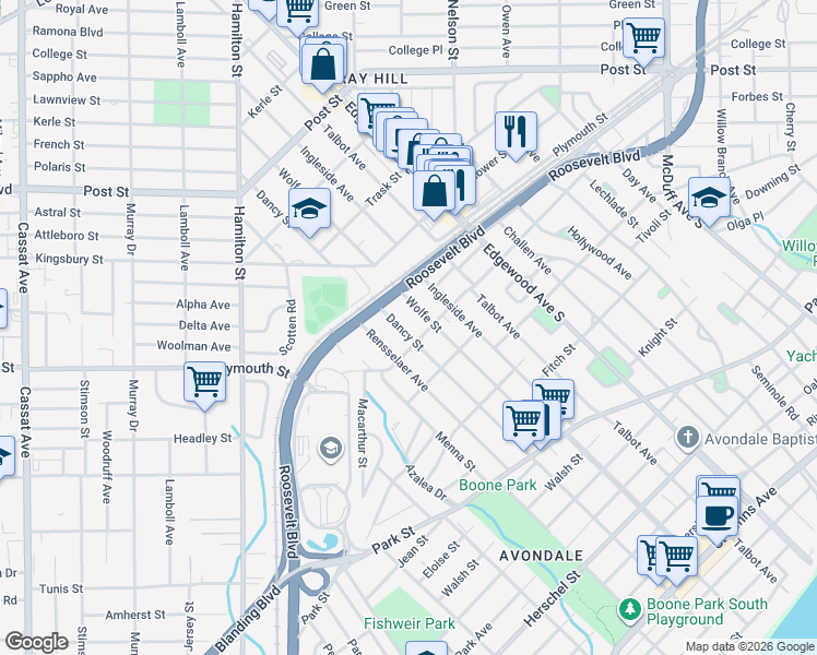 map of restaurants, bars, coffee shops, grocery stores, and more near 1233 Dancy Street in Jacksonville