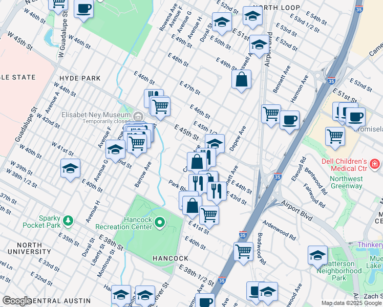 map of restaurants, bars, coffee shops, grocery stores, and more near 4404 Caswell Avenue in Austin