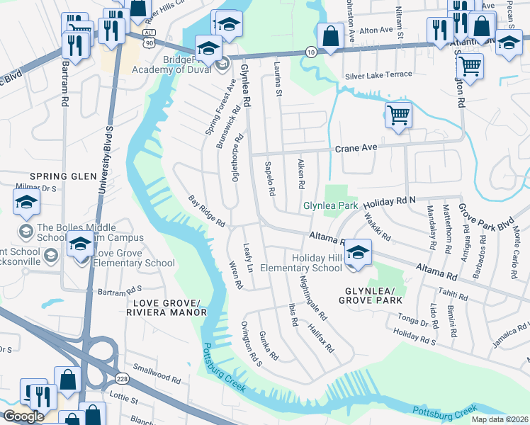 map of restaurants, bars, coffee shops, grocery stores, and more near 647 Glynlea Road in Jacksonville