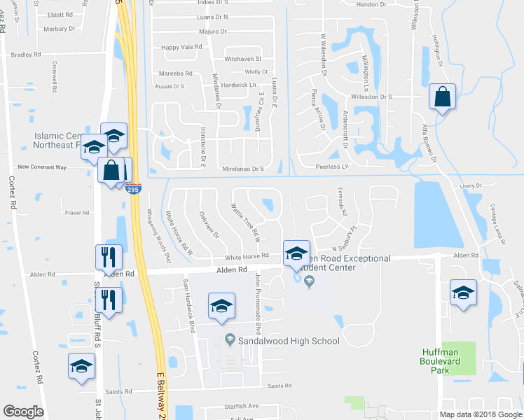map of restaurants, bars, coffee shops, grocery stores, and more near 2465 Spring Vale Road in Jacksonville