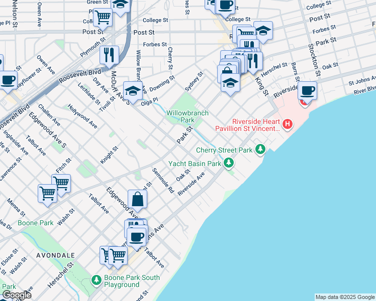map of restaurants, bars, coffee shops, grocery stores, and more near 1502 McDuff Avenue South in Jacksonville