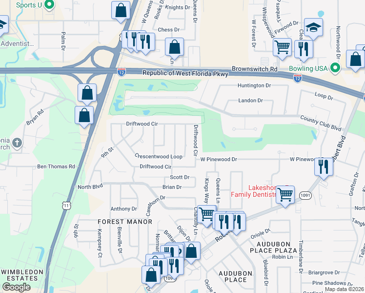 map of restaurants, bars, coffee shops, grocery stores, and more near 114 Crescentwood Loop in Slidell