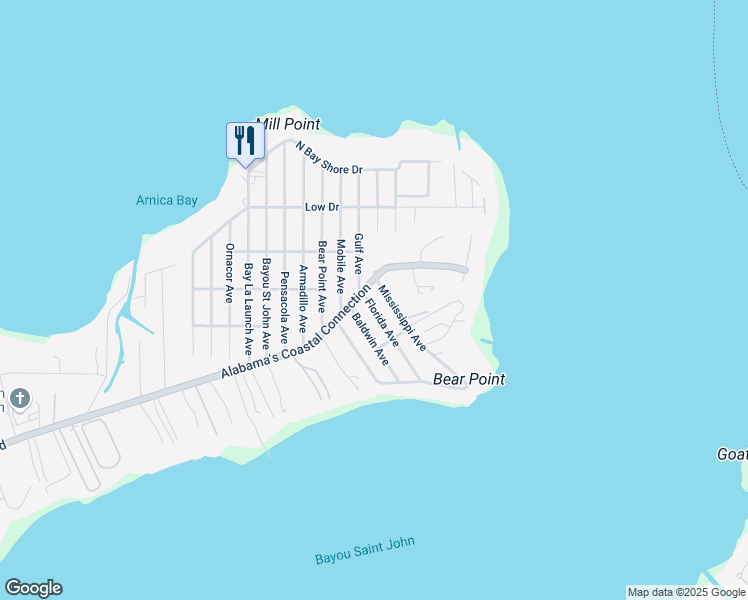 map of restaurants, bars, coffee shops, grocery stores, and more near 5410 Florida Avenue in Orange Beach