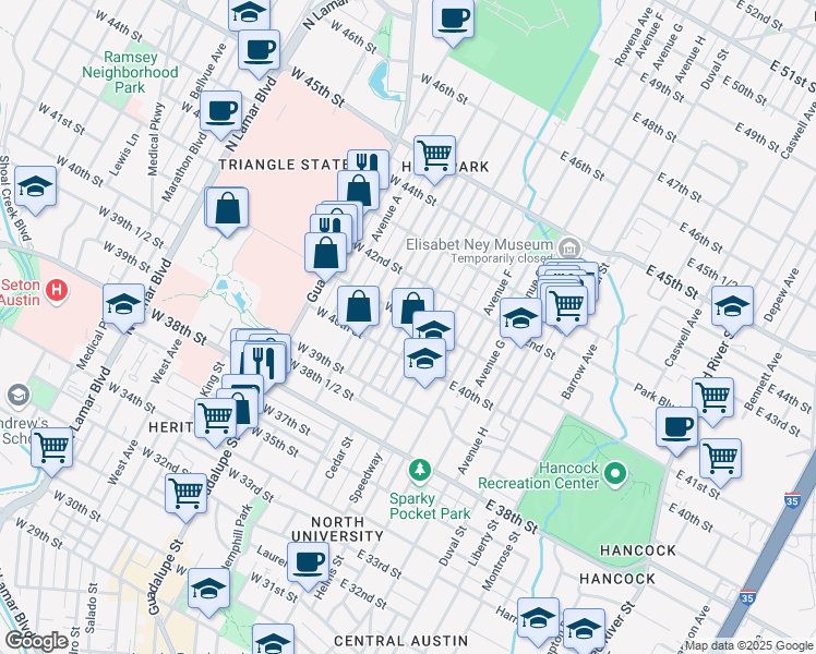 map of restaurants, bars, coffee shops, grocery stores, and more near 4012 Avenue D in Austin