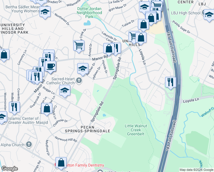 map of restaurants, bars, coffee shops, grocery stores, and more near 6020 Springdale Road in Austin