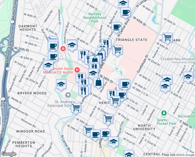 map of restaurants, bars, coffee shops, grocery stores, and more near 3701 North Lamar Boulevard in Austin