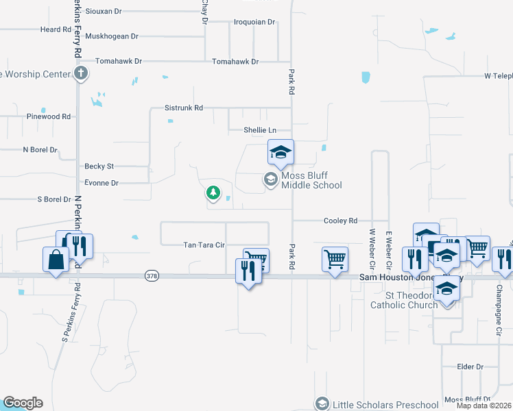 map of restaurants, bars, coffee shops, grocery stores, and more near 1104 Recreation Boulevard in Moss Bluff