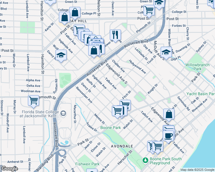 map of restaurants, bars, coffee shops, grocery stores, and more near 1307 Ingleside Avenue in Jacksonville
