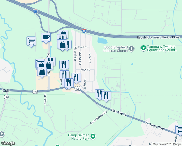 map of restaurants, bars, coffee shops, grocery stores, and more near 1426 Beech Street in Slidell