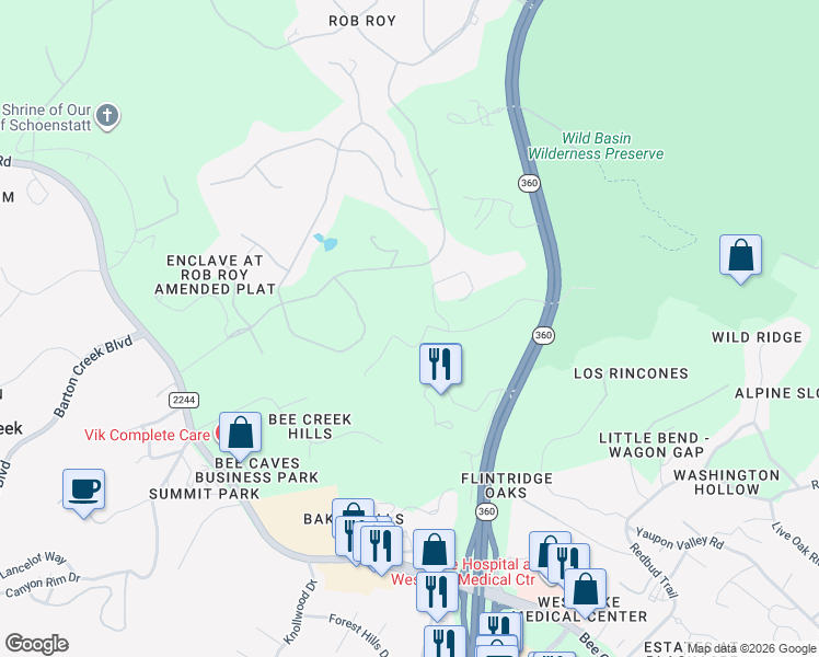 map of restaurants, bars, coffee shops, grocery stores, and more near 215 Wild Basin Road South in West Lake Hills