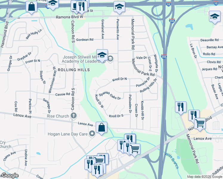 map of restaurants, bars, coffee shops, grocery stores, and more near 7851 Spanish Oaks Drive in Jacksonville