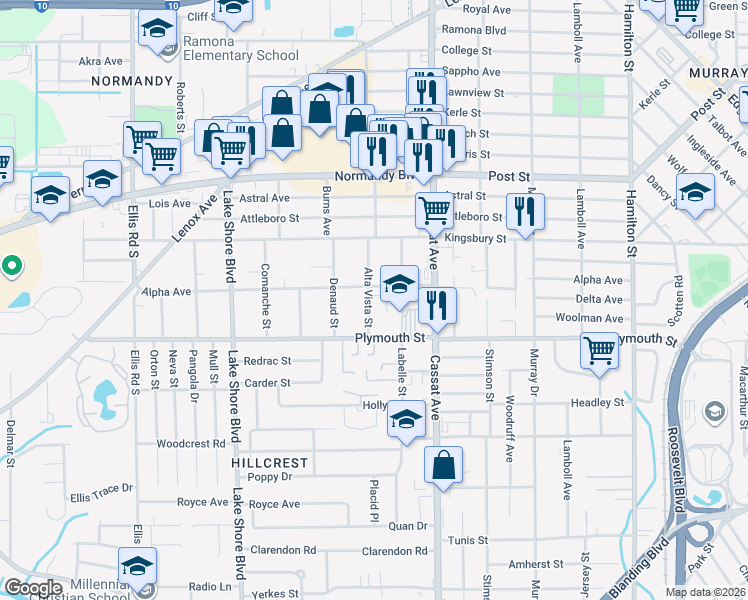 map of restaurants, bars, coffee shops, grocery stores, and more near 1156 Alta Vista Street in Jacksonville