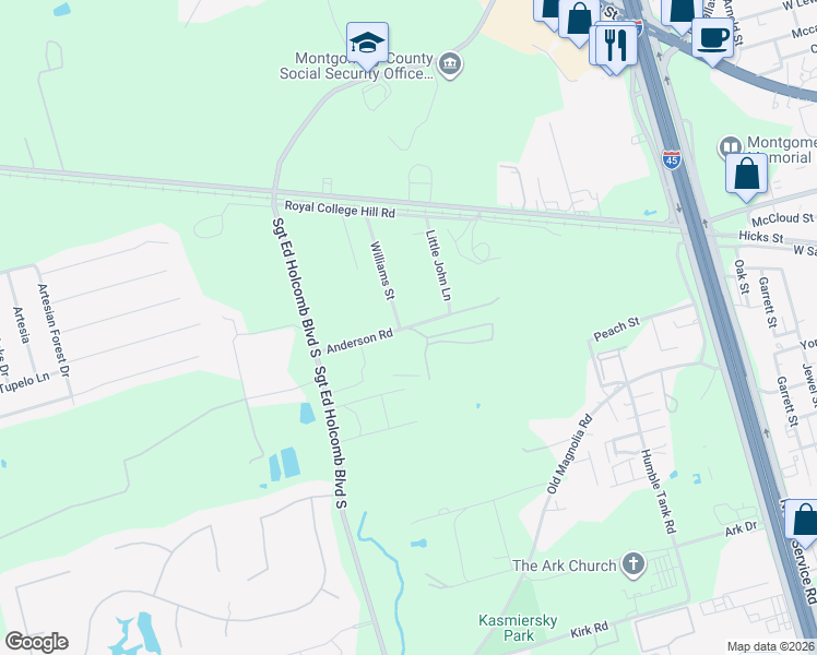 map of restaurants, bars, coffee shops, grocery stores, and more near 244 Williams Street in Conroe