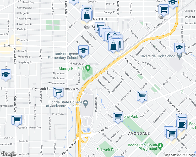map of restaurants, bars, coffee shops, grocery stores, and more near 1213 Rensselaer Avenue in Jacksonville