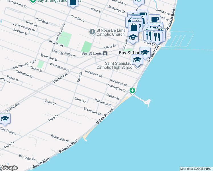 map of restaurants, bars, coffee shops, grocery stores, and more near 200 Washington Street in Bay Saint Louis