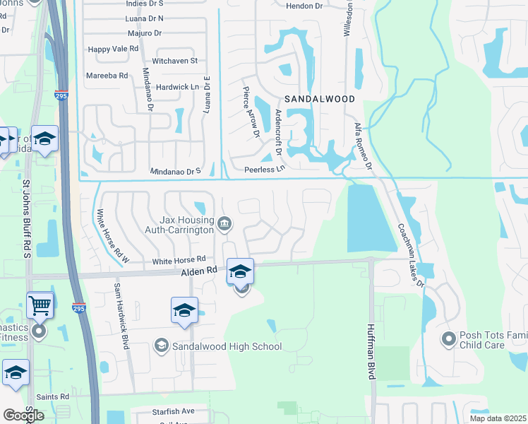 map of restaurants, bars, coffee shops, grocery stores, and more near 2425 Minford Place in Jacksonville